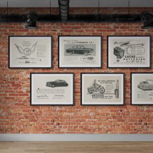 Set of six black and white on cream background transport and parts digital print advertisements from the 1960s